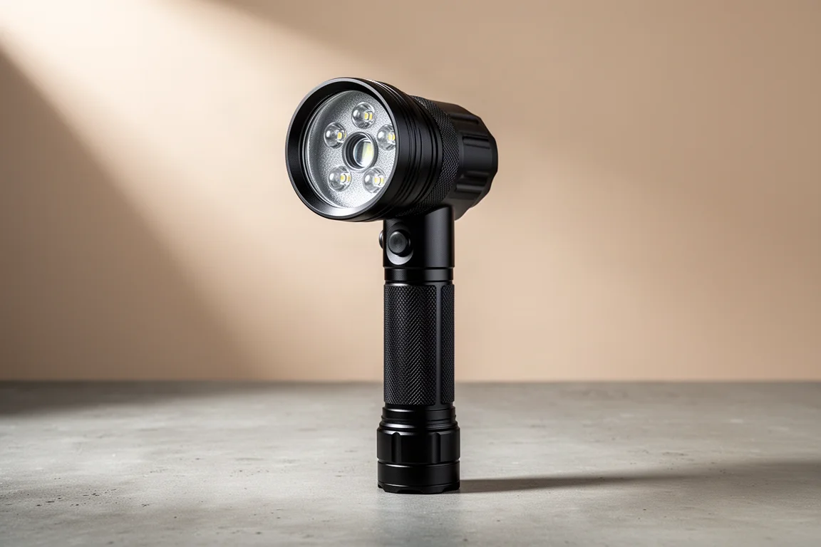 Torcia da ricerca Nitecore P40 in alluminio nero in piedi su una superficie di cemento