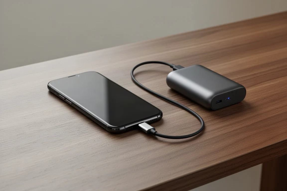 Smartphone charging from a compact power bank via a short USB-C cable
