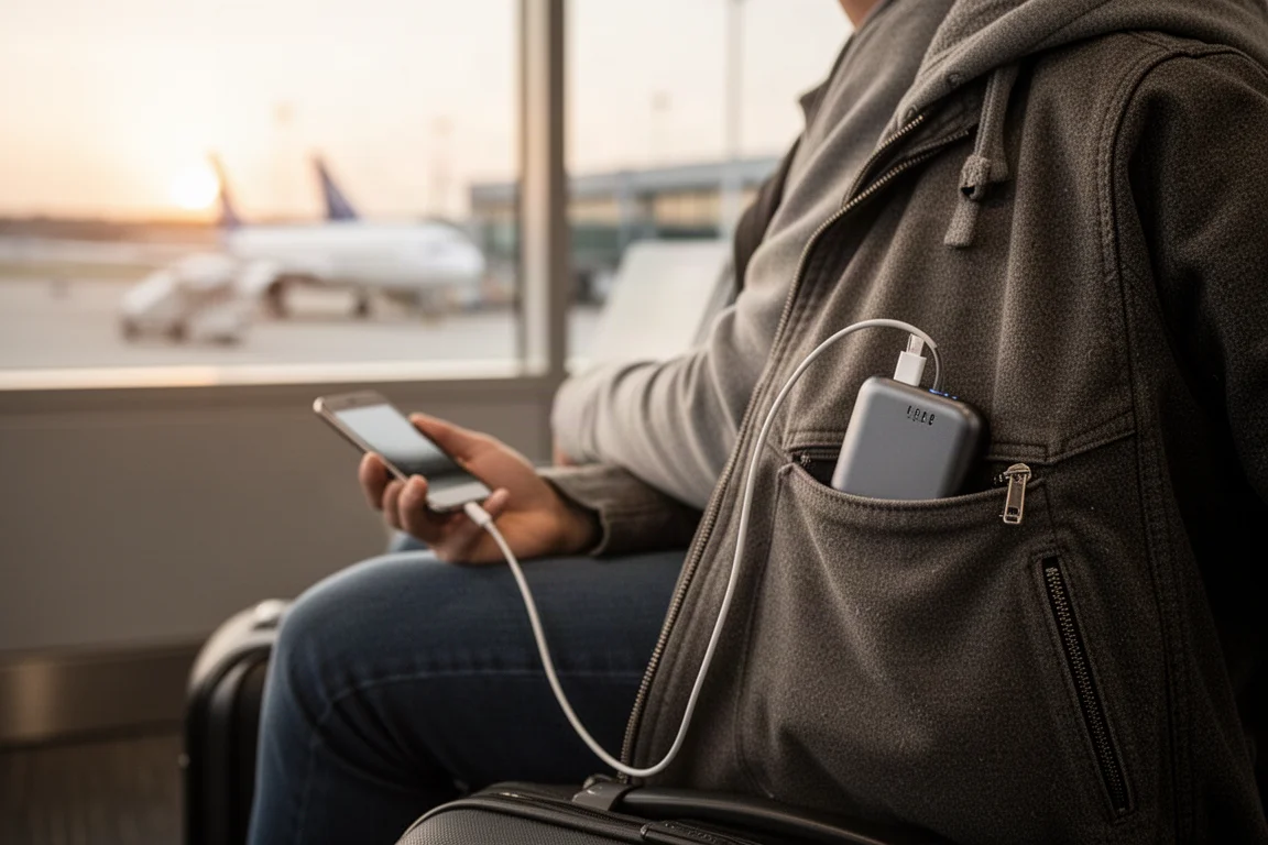 Traveler topping up a phone and battery pack at an airport gate