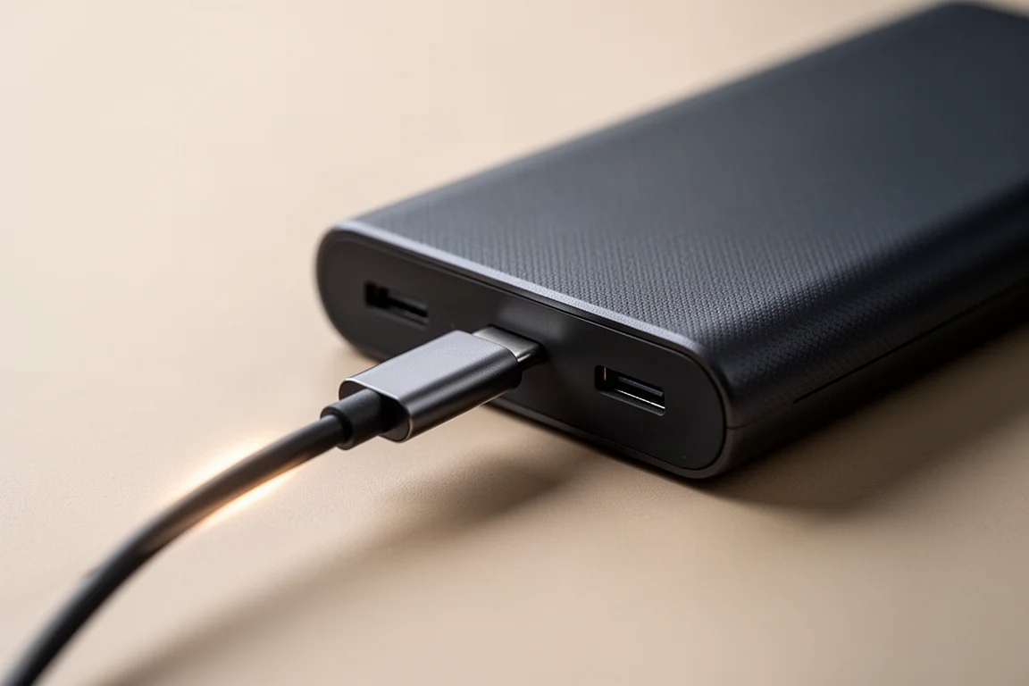 Close-up of a USB-C port and cable plugged into a slim power bank