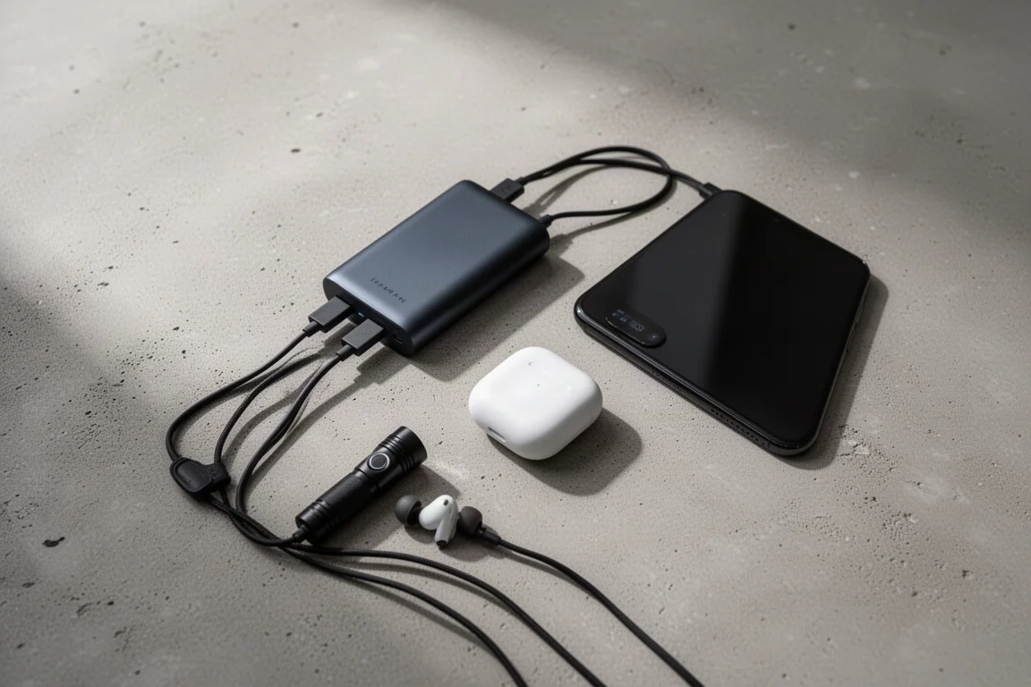 Flat-lay of a power bank charging a flashlight, earbuds case, and phone on concrete