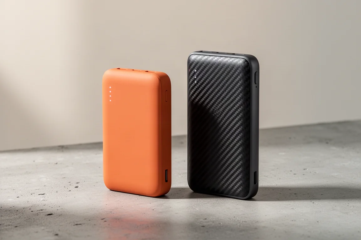 Two compact Nitecore power banks side by side on a concrete surface