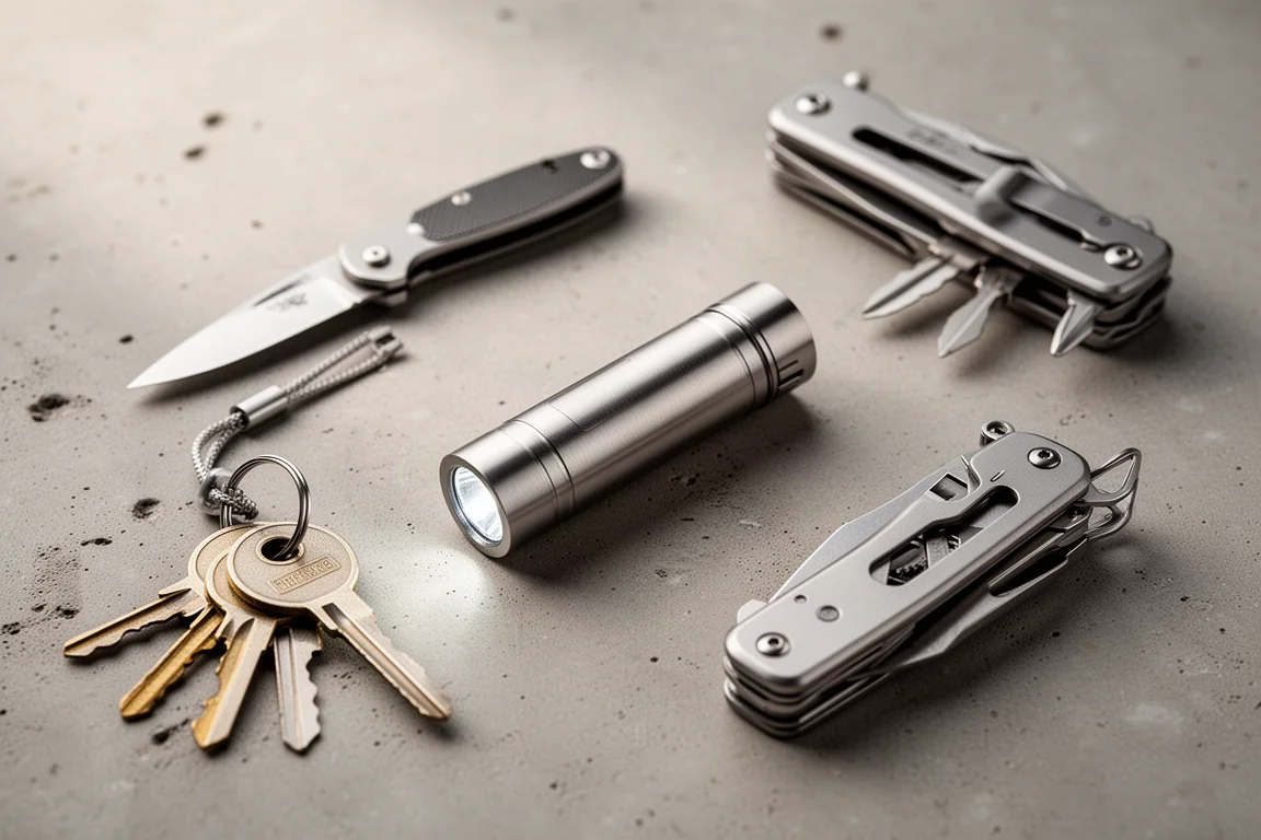 Piccola torcia da portachiavi in titanio appoggiata su una superficie di cemento accanto ad articoli da everyday carry