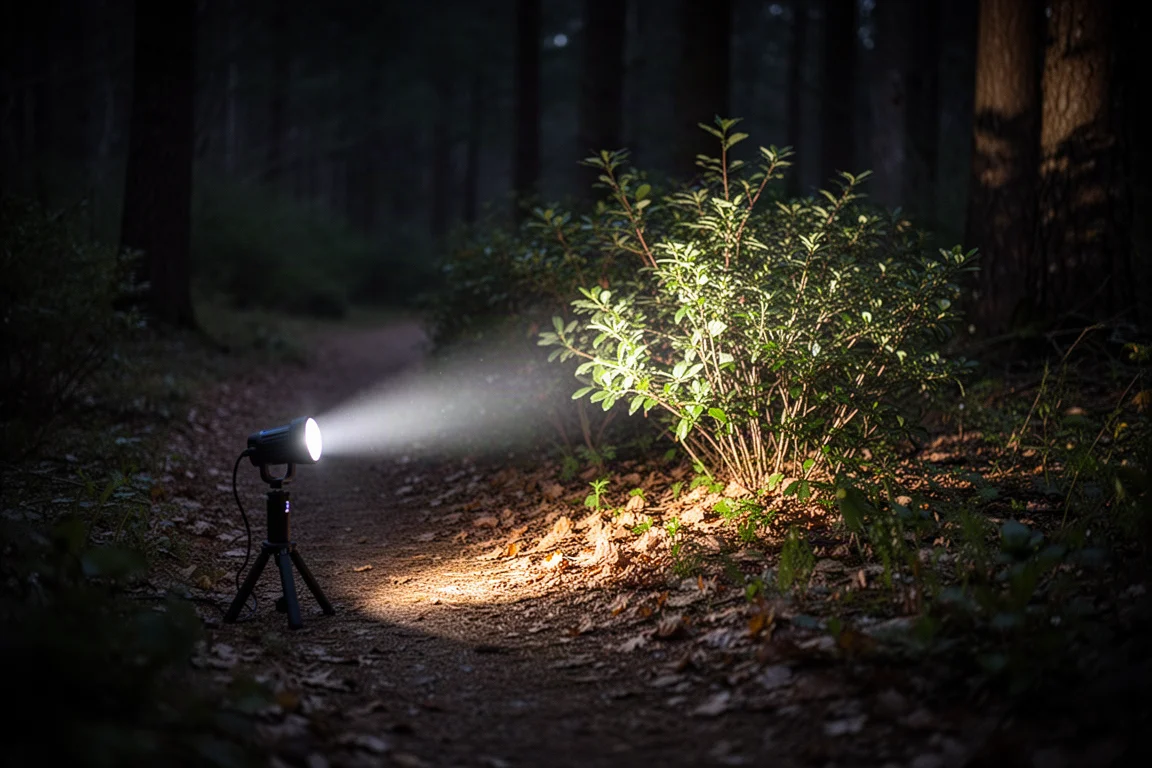 Fascio di luce di una piccola torcia che taglia il buio su un sentiero nel bosco