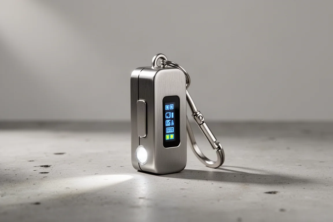 Small titanium keychain flashlight with OLED display on a concrete surface