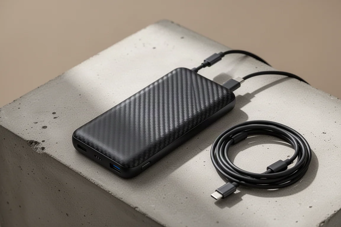 Kompakt powerbank i kolfiber med integrerad USB-C-kabel på ett skrivbord