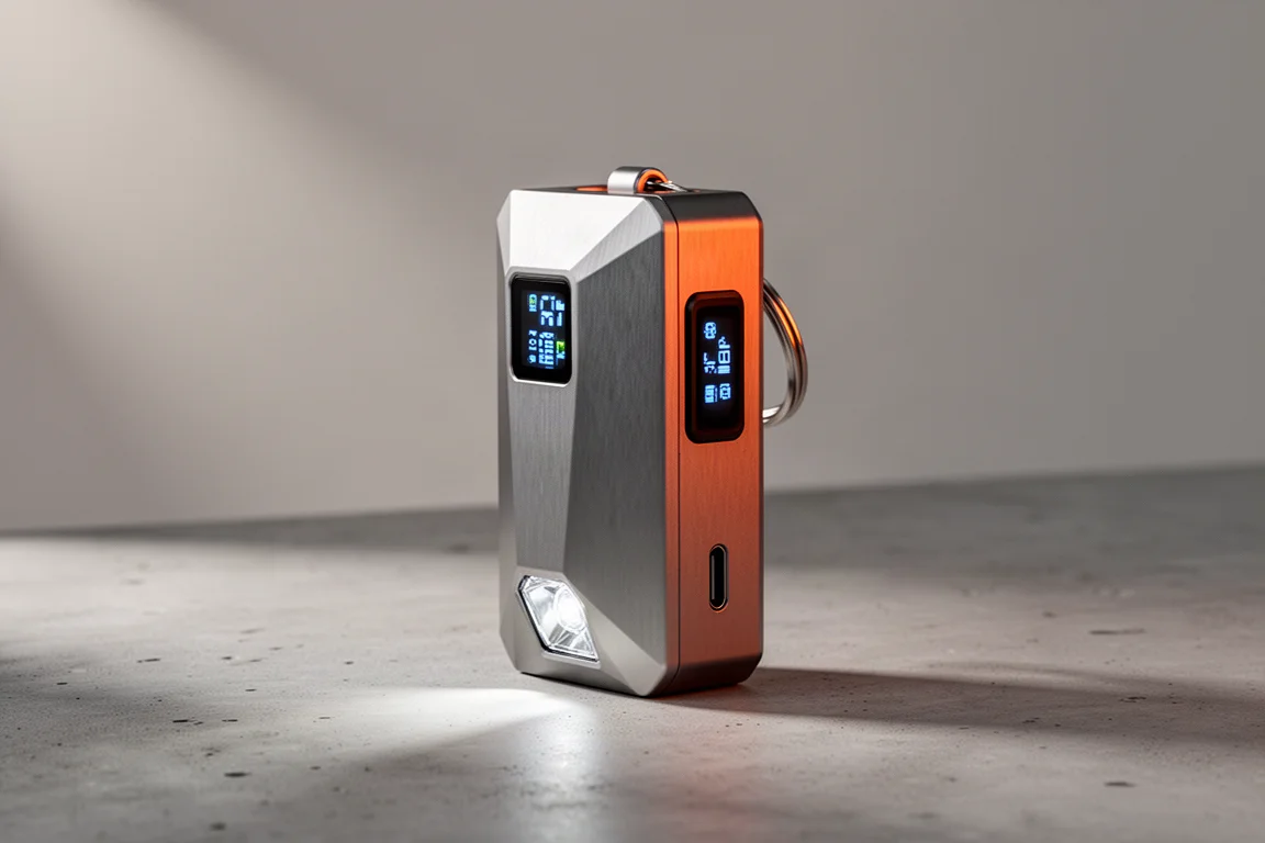 Nitecore TINI 3 keychain flashlight with OLED display on a concrete surface