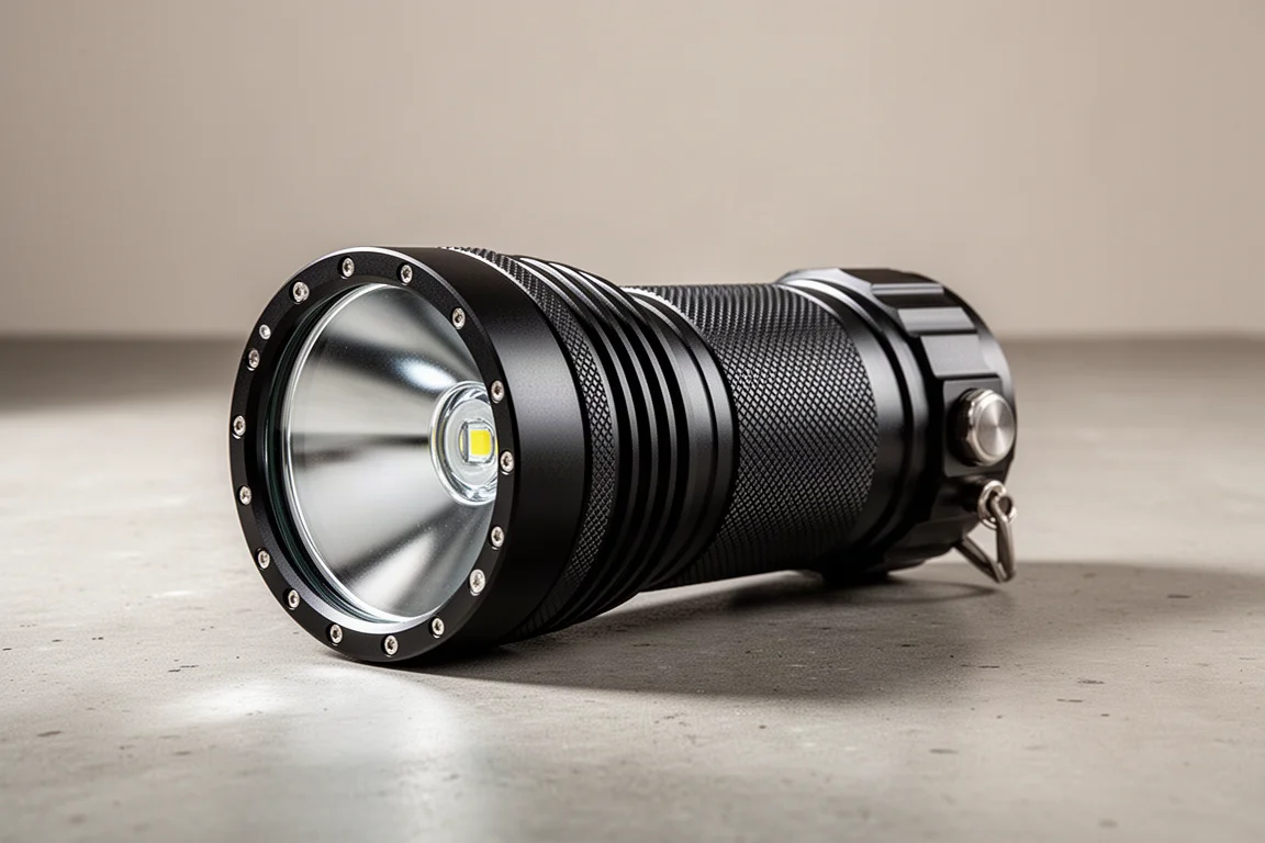 Nitecore TM20K tactical searchlight standing on a concrete surface