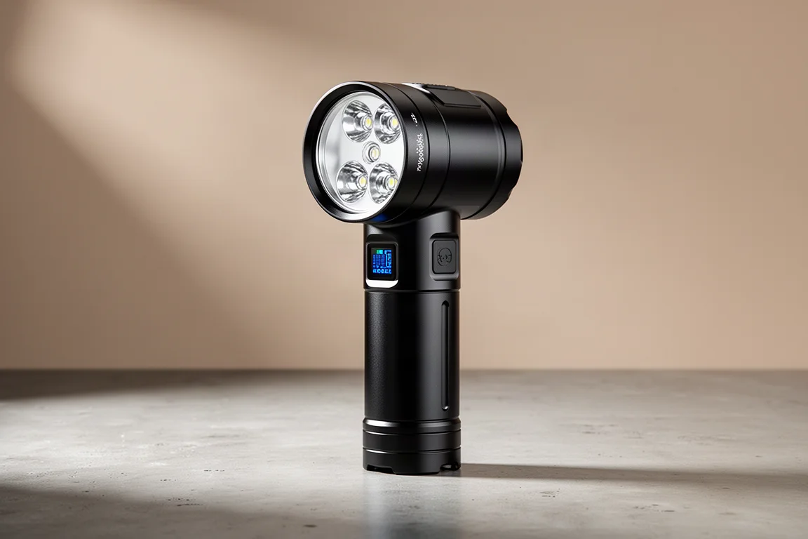 Matte black Nitecore TM28 flashlight standing on a concrete surface