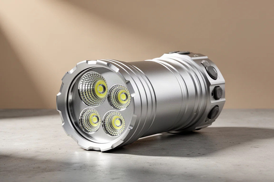 Silver tactical flashlight with crenelated bezel and three LED emitters on a concrete surface