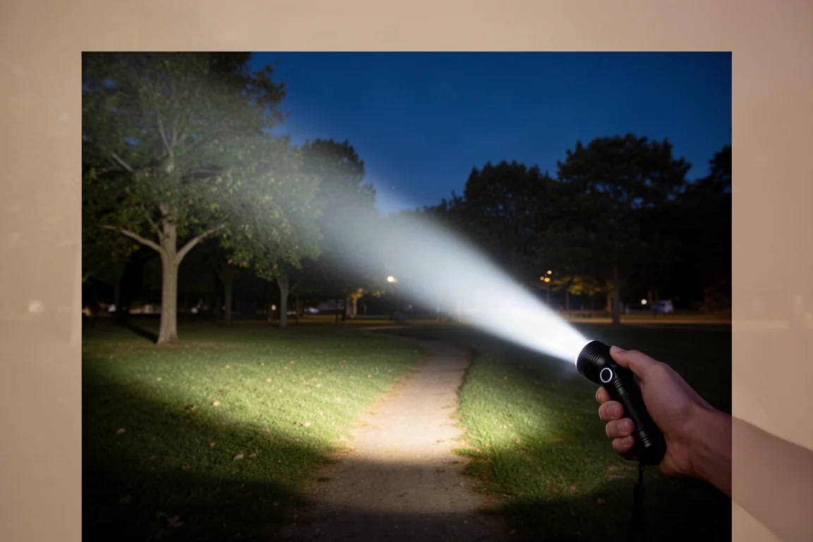 Potente fascio flood che illumina un sentiero buio di un parco e gli alberi circostanti