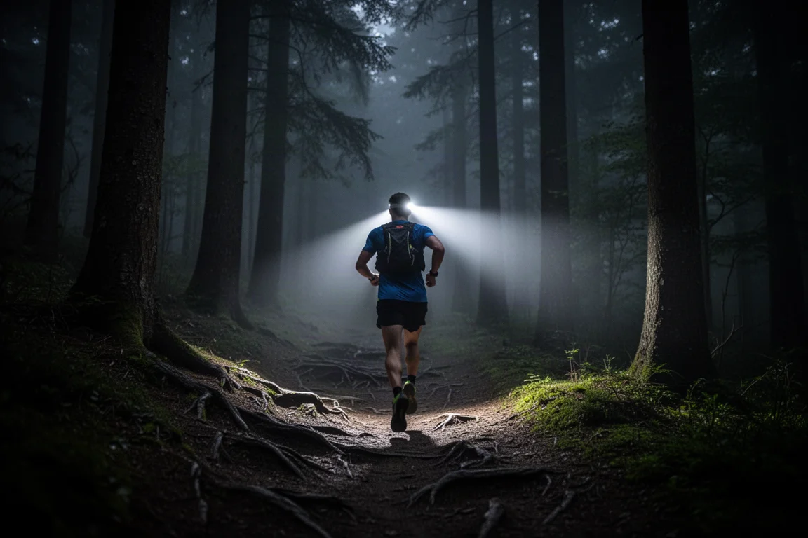 Trail runner wearing a head torch on a dark forest path at night