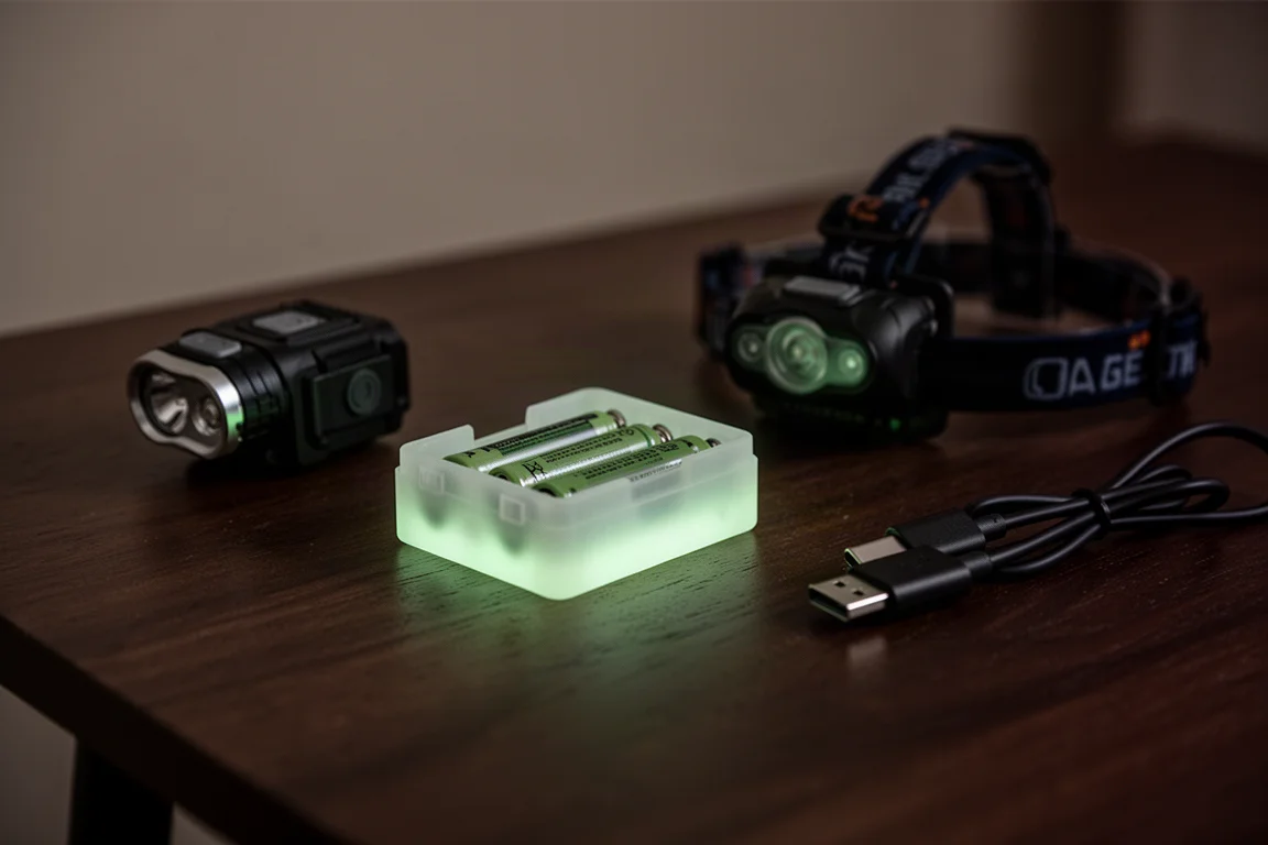 Glow-in-the-dark battery tray glowing faintly in a dark room
