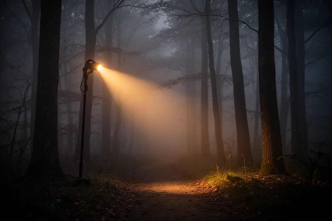 Warm amber head torch beam penetrating foggy night air on a trail