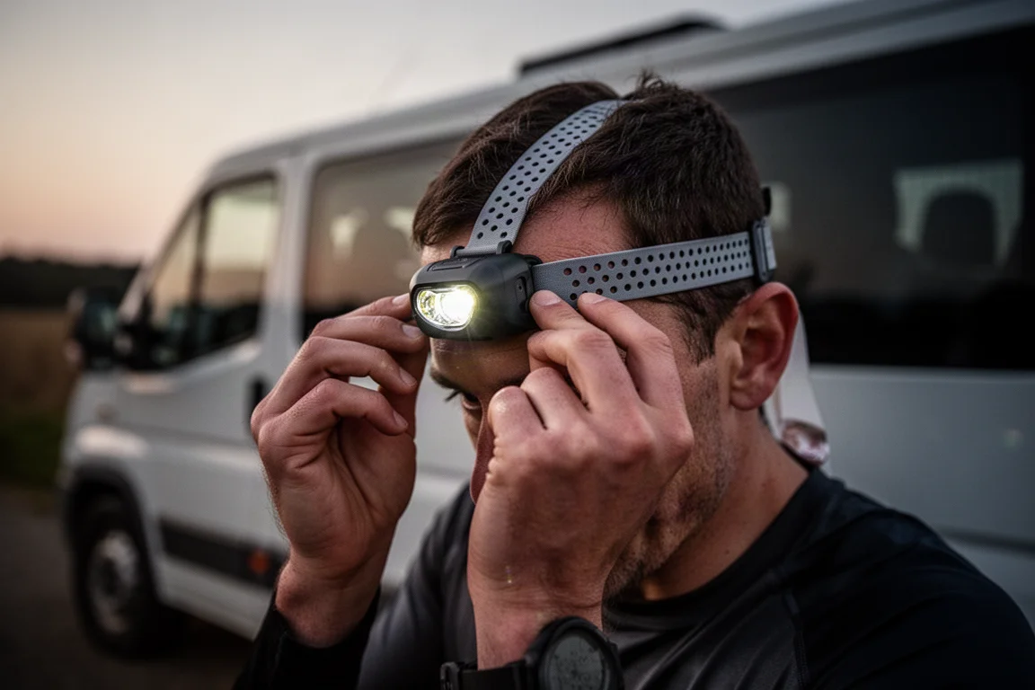 Runner adjusting an elasticated breathable head strap before a night run