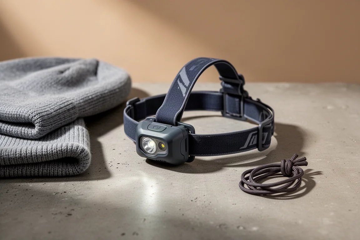 Ultralight headlamp with adjustable headband resting on a matte concrete surface