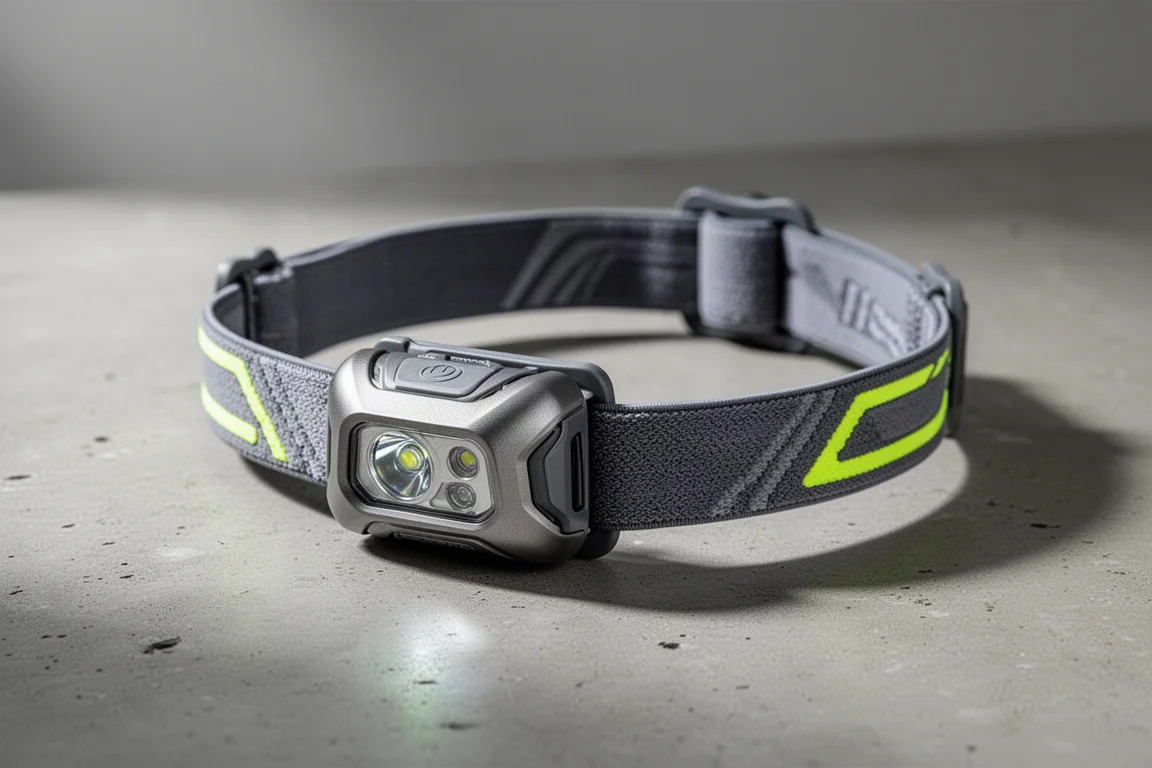 Frontale da trail running Nitecore UT6 con cinghia per la testa su una superficie di cemento