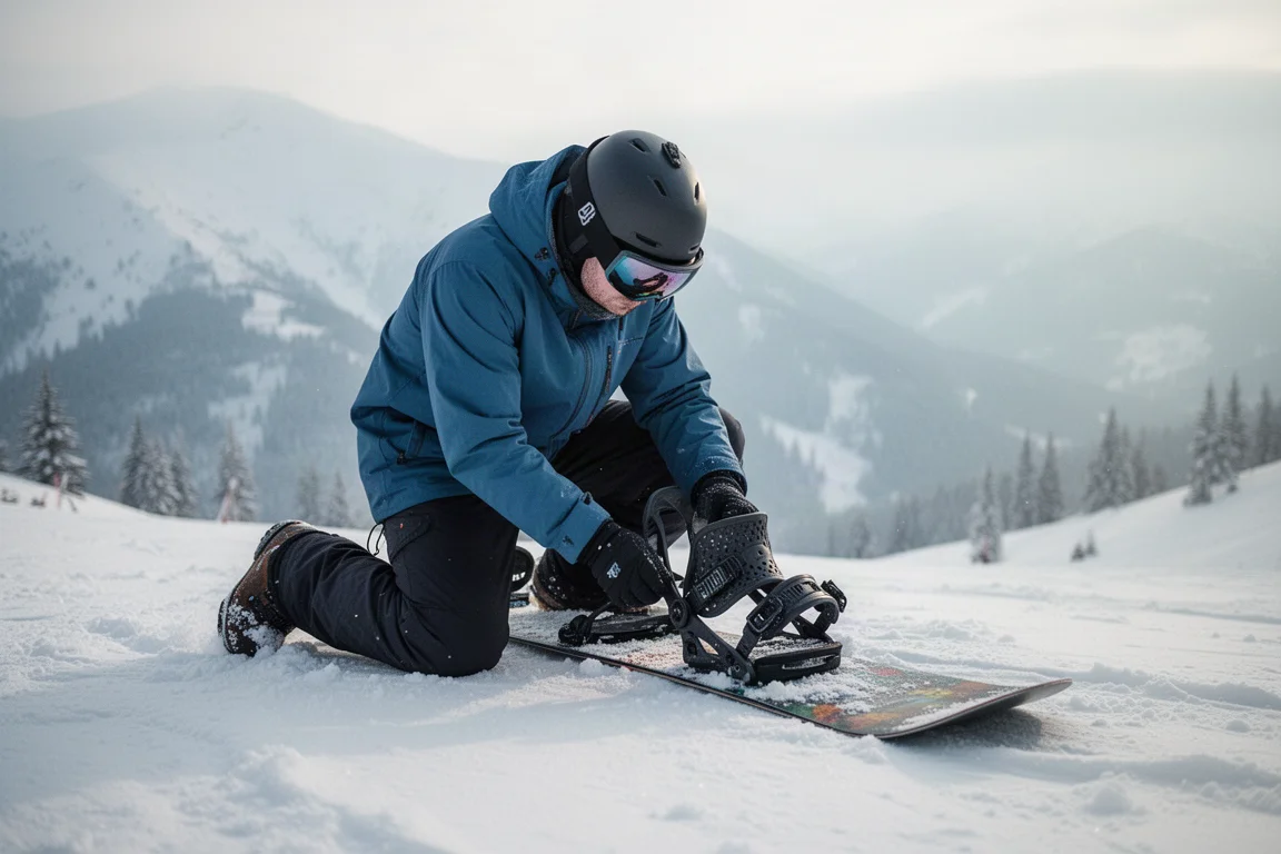 Snowboarder stellt den Binding-Standwinkel an einem verschneiten Hang ein