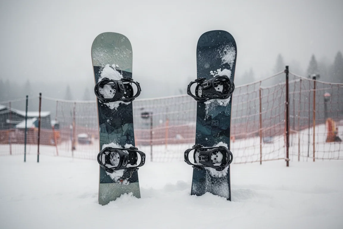 Snowboard mit montierten Bindings, stehend im frischen Schnee in einem Skigebiet