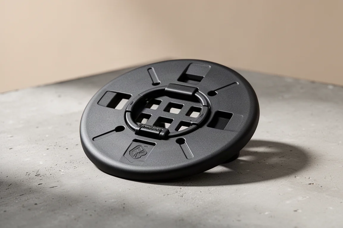 Kompakte schwarze Snowboard-Binding-Mounting-Disc auf einer Betonfläche
