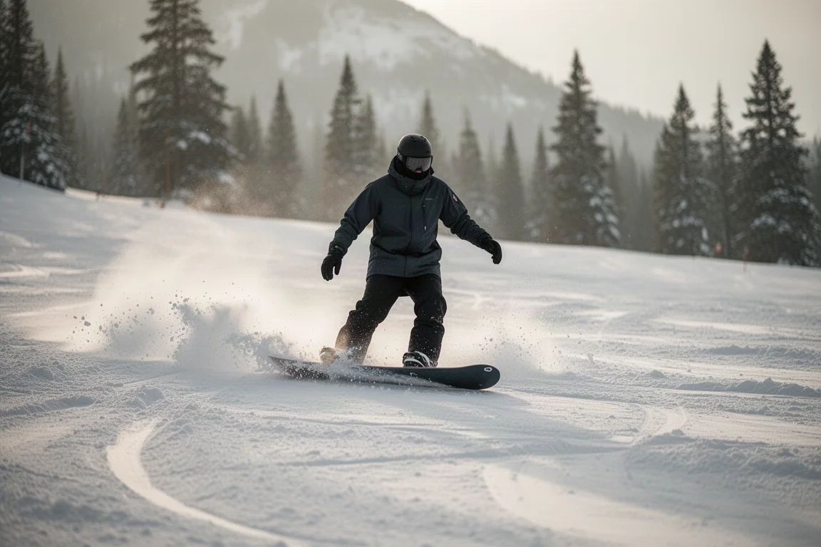 Snowboarder descendiendo con una tabla direccional por nieve alpina revuelta