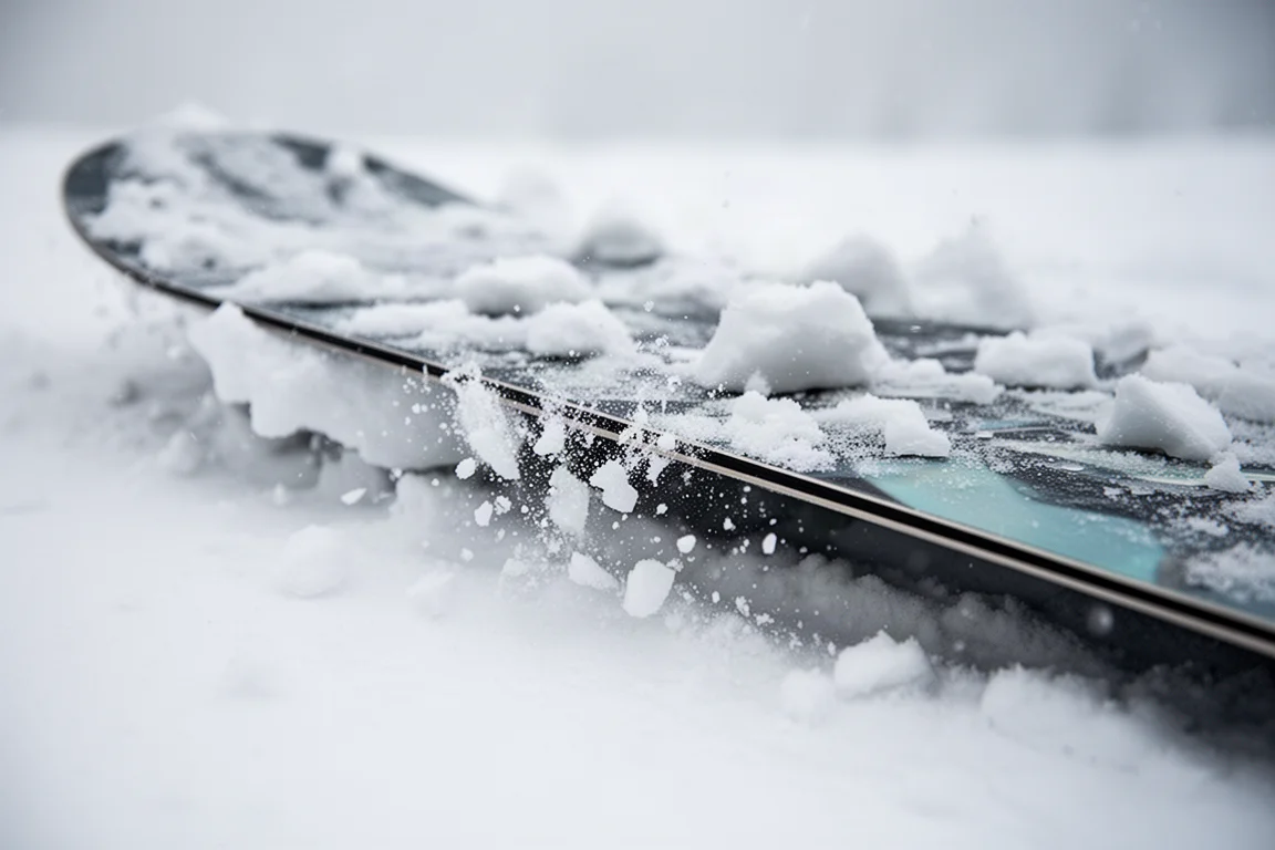 Primer plano del canto de una tabla de snowboard cortando la nieve revuelta