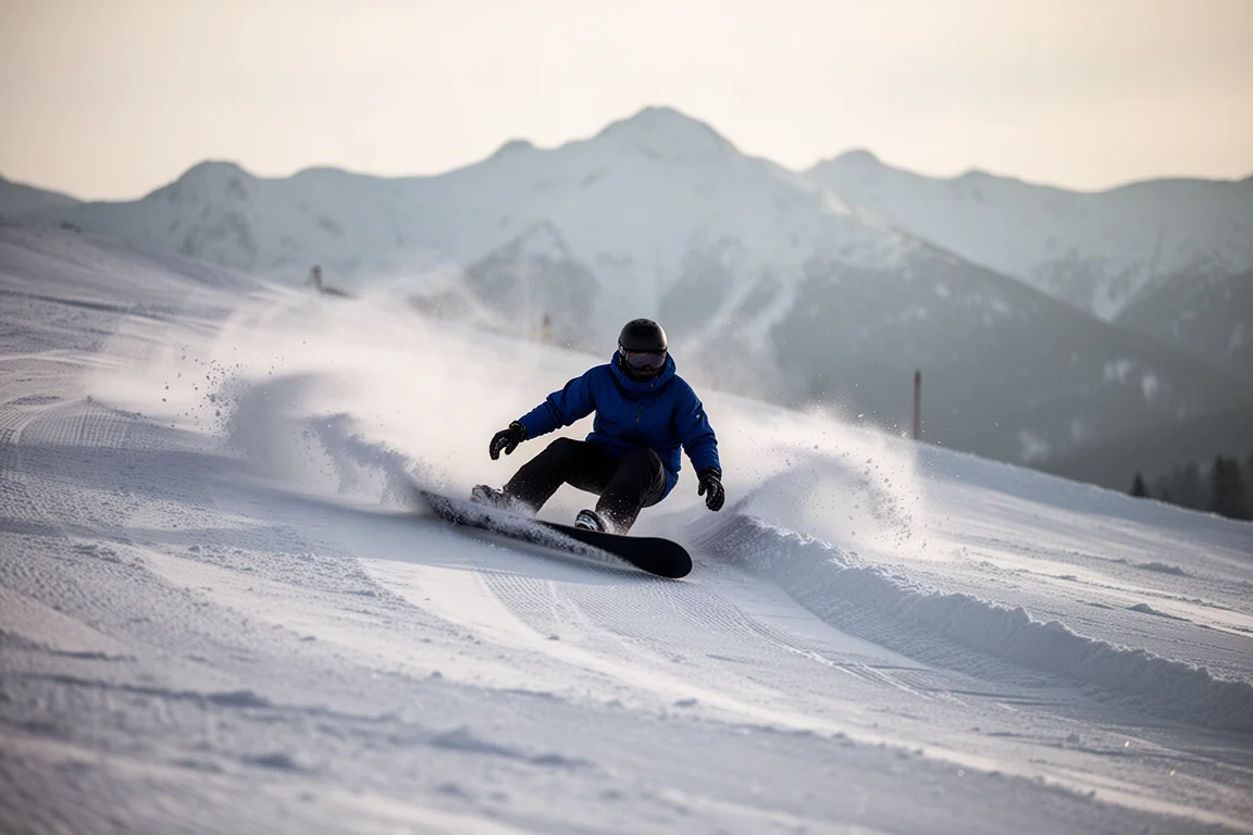 Snowboarder ejecutando un carve intenso en una pista preparada con spray detrás
