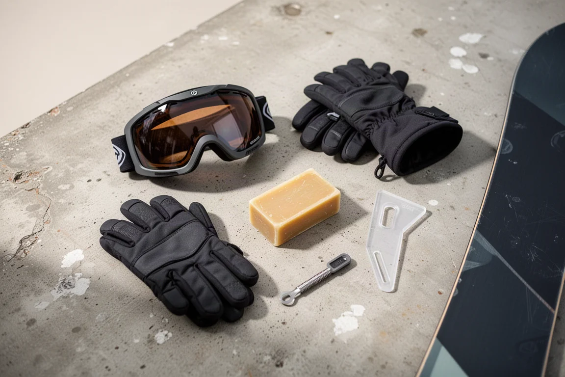 Vista cenital del material de snowboard con wax, rasqueta y gafas