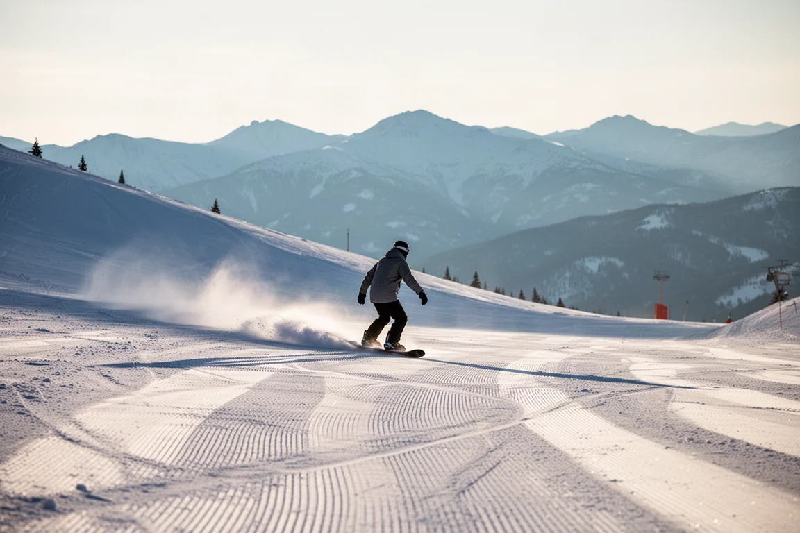 Snowboarder fährt auf sonniger Bergabhäng frisch präparierte Morgenspisten