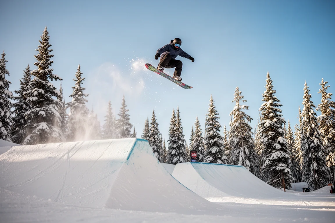 Snowboarder startet von einem Park-Jump mitten in der Luft vor klarem Himmel