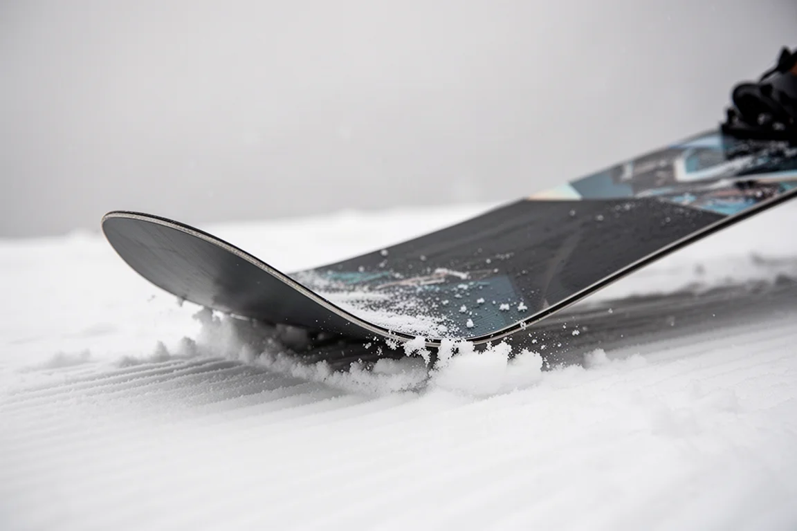 Nahaufnahme einer Snowboard-Nase, die gegen präparierten Schnee gedrückt wird und sich biegt