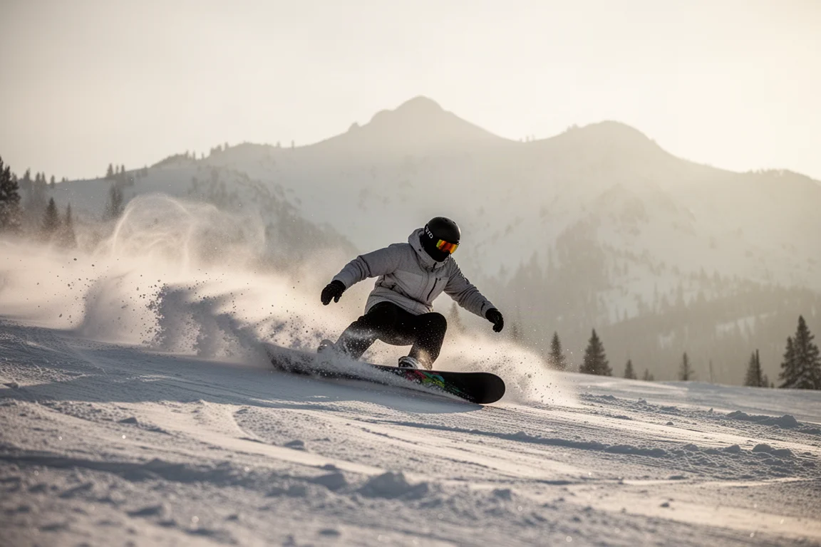 Snowboarder carve hart auf leicht holprigen Nachmittagspisten