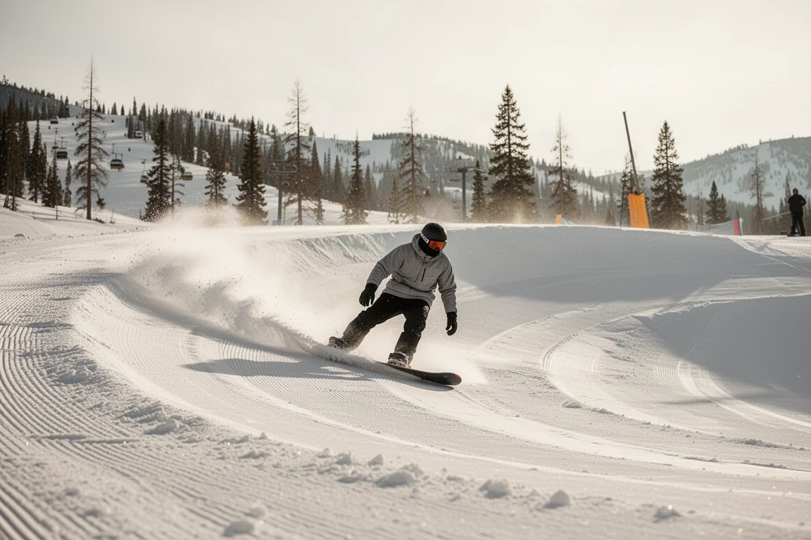 Snowboarder zieht eine weite, überhöhte Kurve auf präpariertem Schnee bei sonnigem Himmel