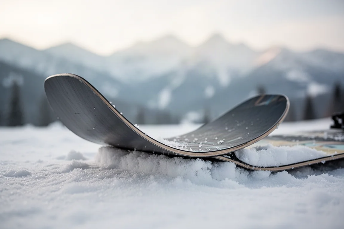 Nahaufnahme eines Snowboard-Tails, das vor einem Ollie mit dem Gewicht des Fahrers beladen wird