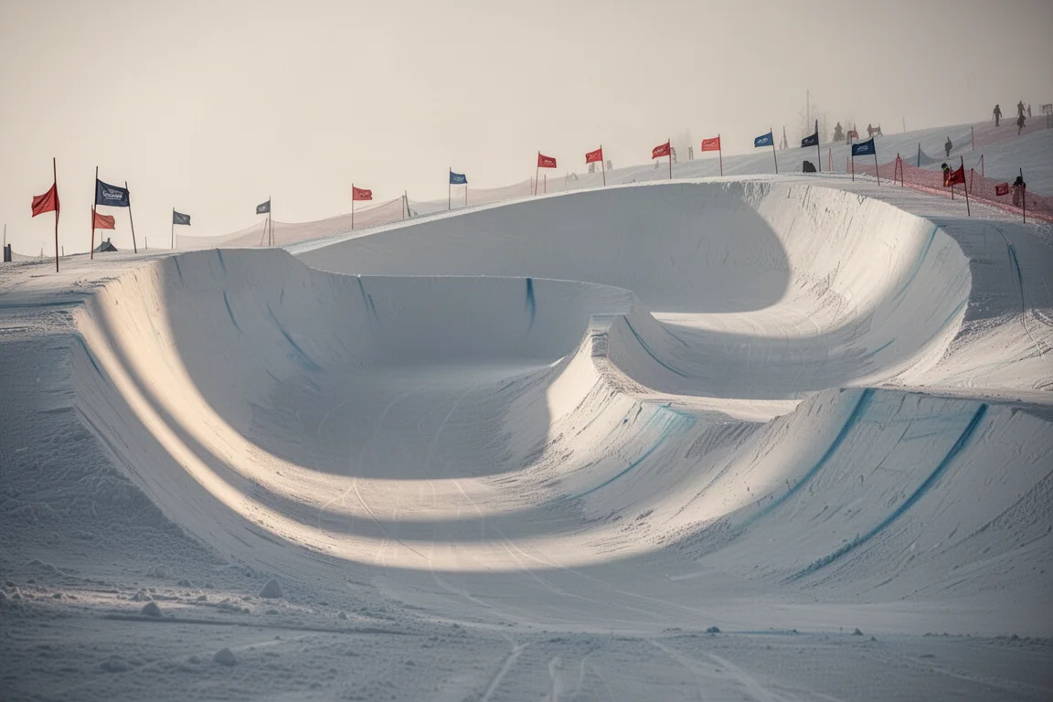 Wände eines präparierten Banked-Slalom-Kurses in verschneiter Berglandschaft