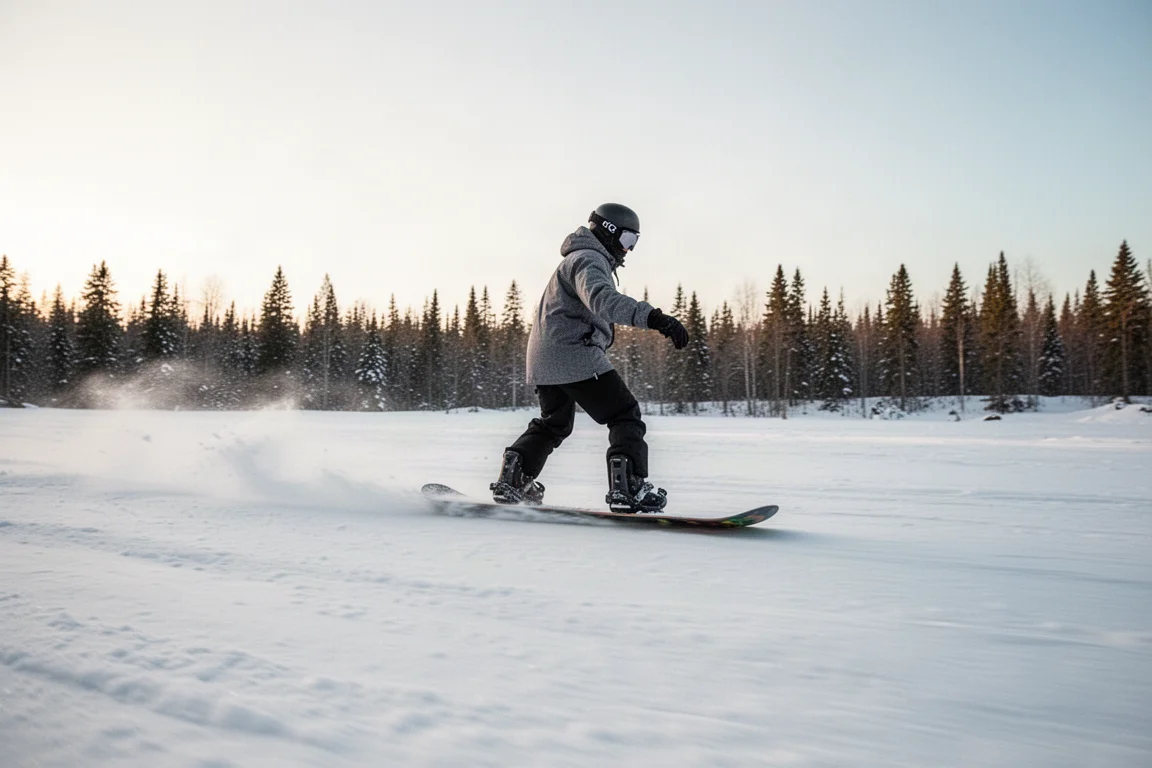 Snowboarder gleitet mit flacher Basis über schnellen, hart gepackten Schnee