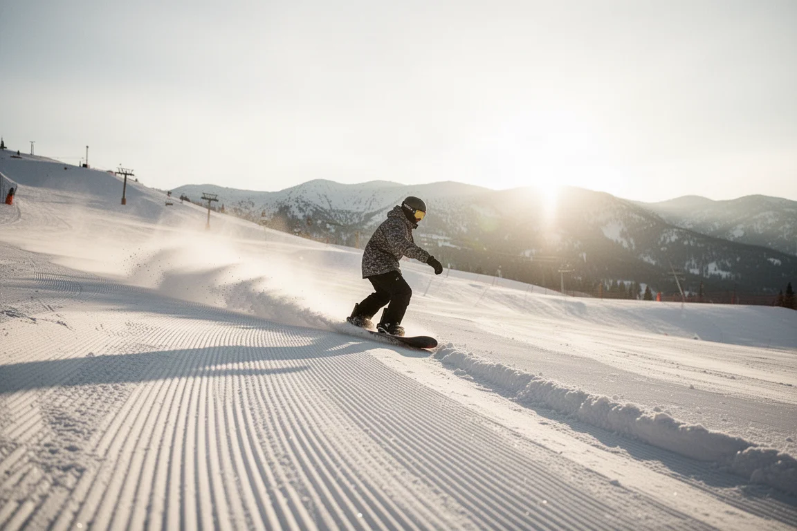Snowboardåkare på en preparerad backe en solig dag i bergen