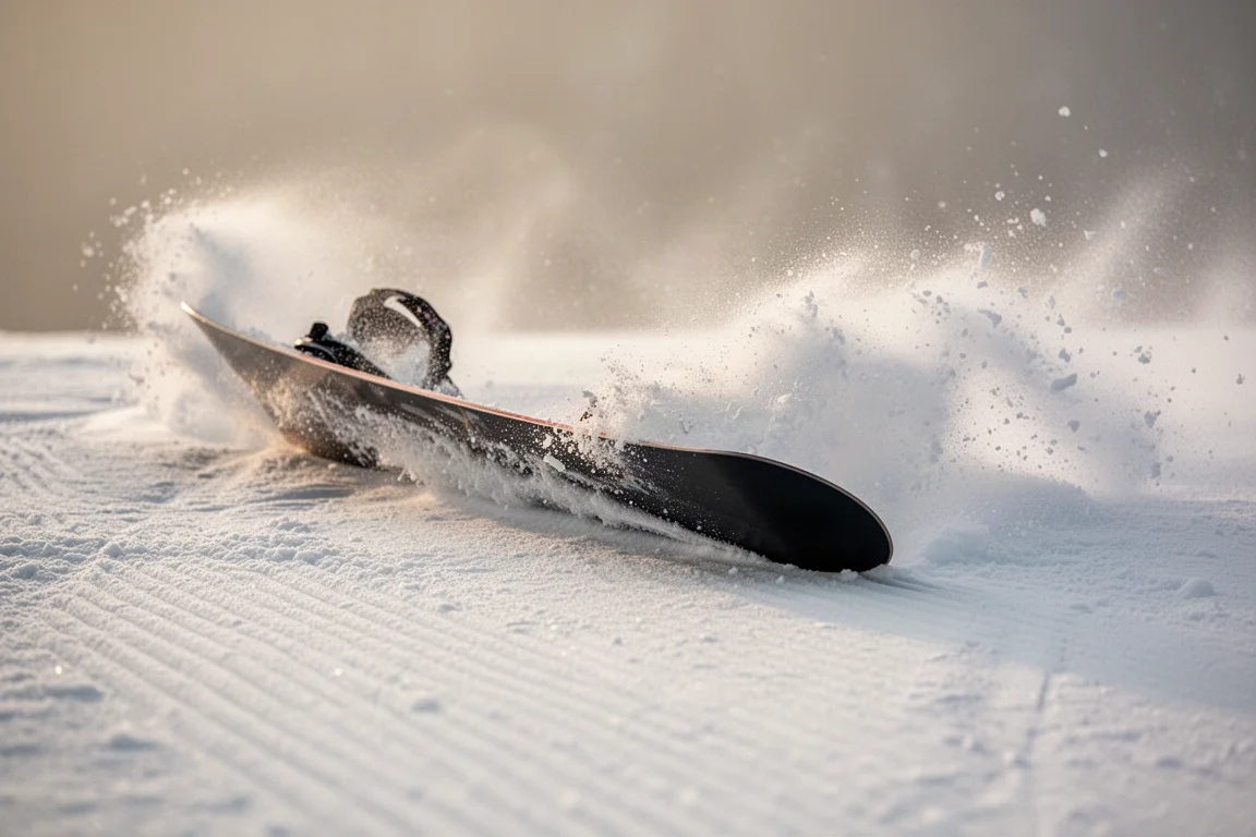 Närbild på en snowboardkant som greppar hårt i en carve på preparerad snö