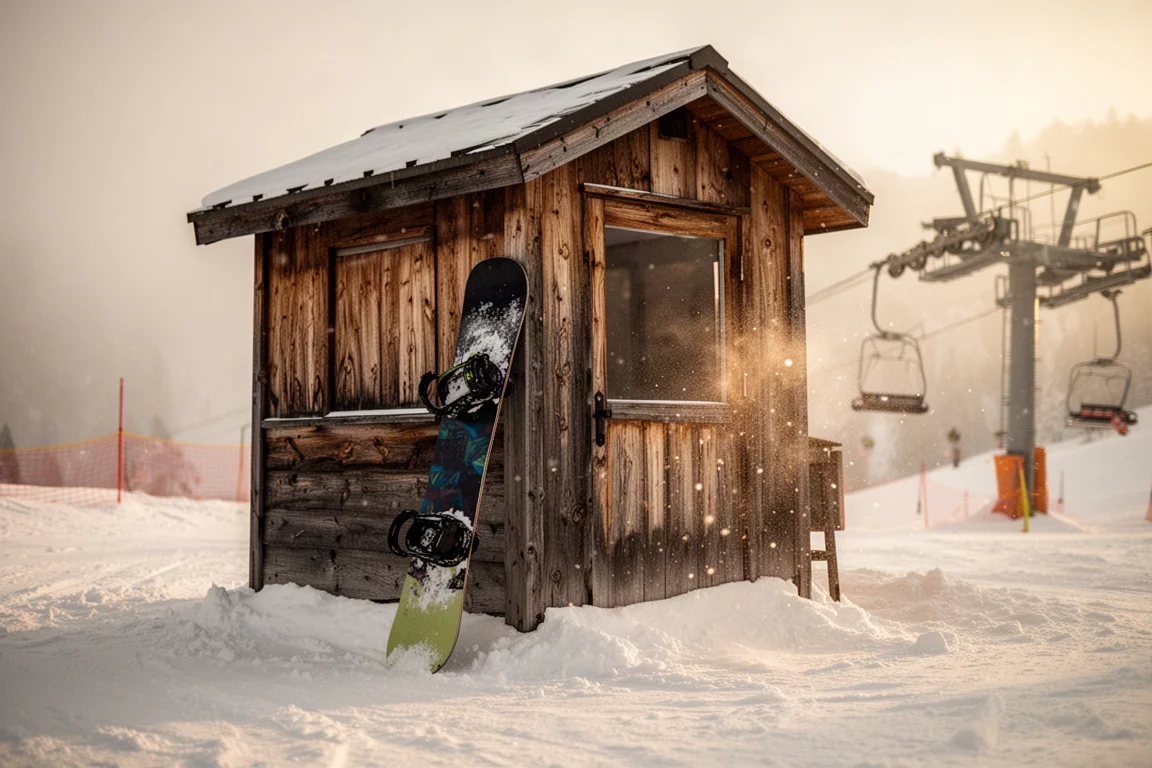 Snowboard vilande på en träbänk på en anläggning vid dagens slut