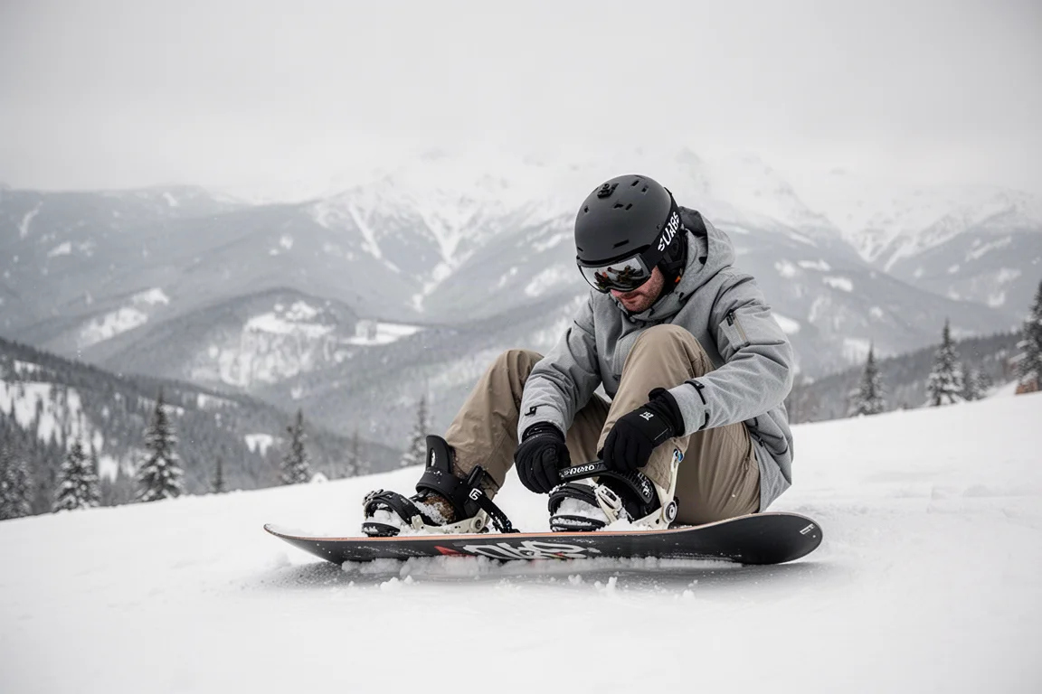 Snowboarder strapping into stiff bindings on a snowy slope