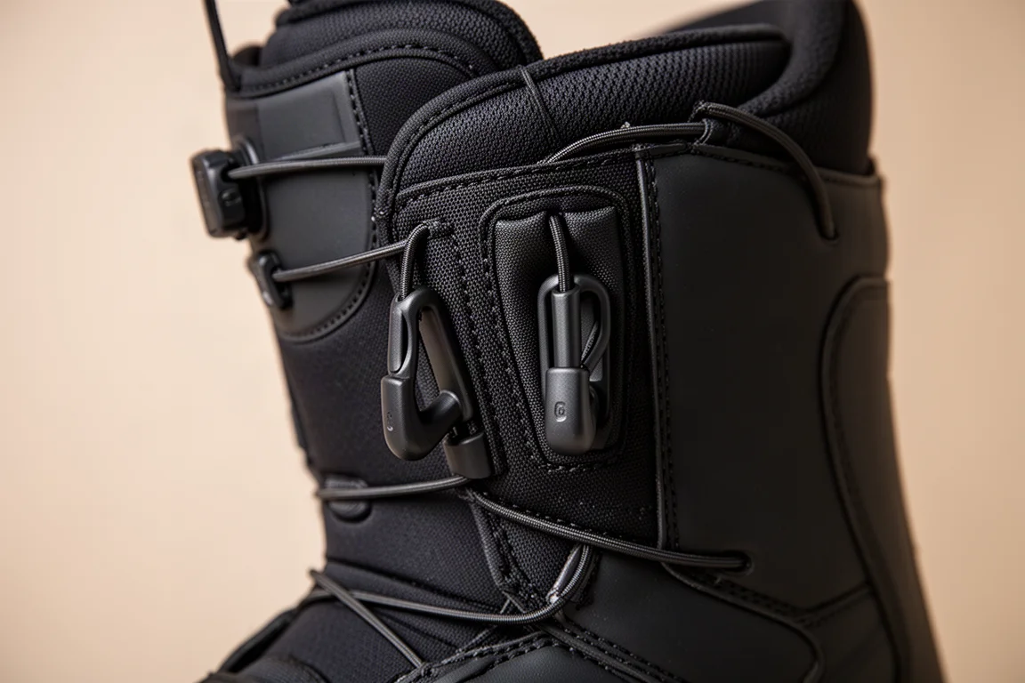 Close-up of a side-mounted speed lacing zone on a snowboard boot