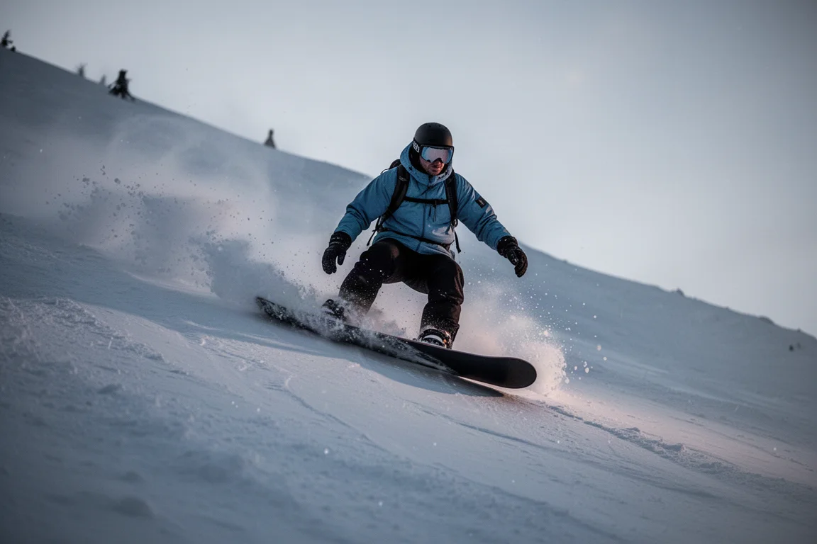 Rider carving hard on icy packed snow on a steep run