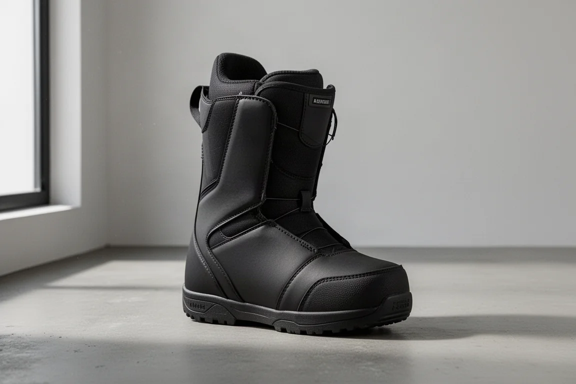 Matte black premium snowboard boot with rubber toe cap on concrete surface
