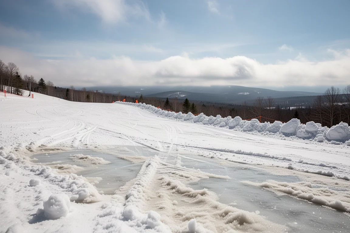 Spring resort slope with soft slushy snow, melting patches, and a distant tree line