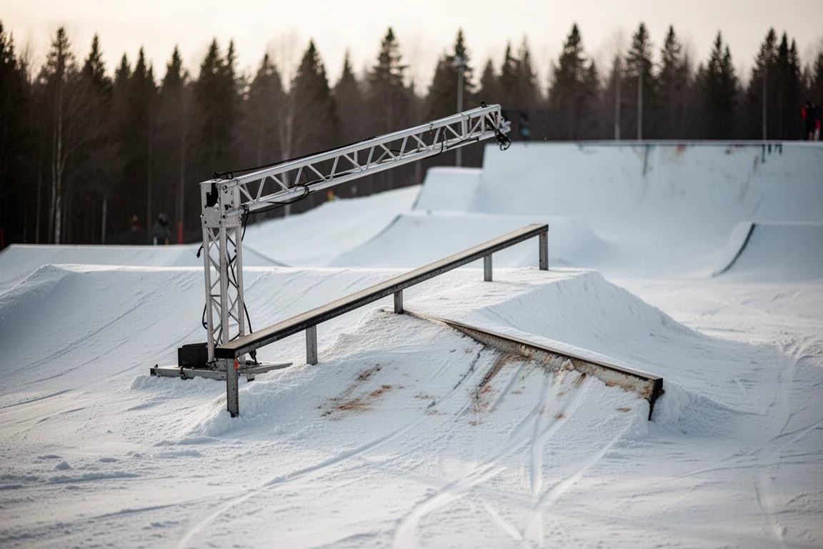 Low metal jib feature in a terrain park with packed snow and late-day light