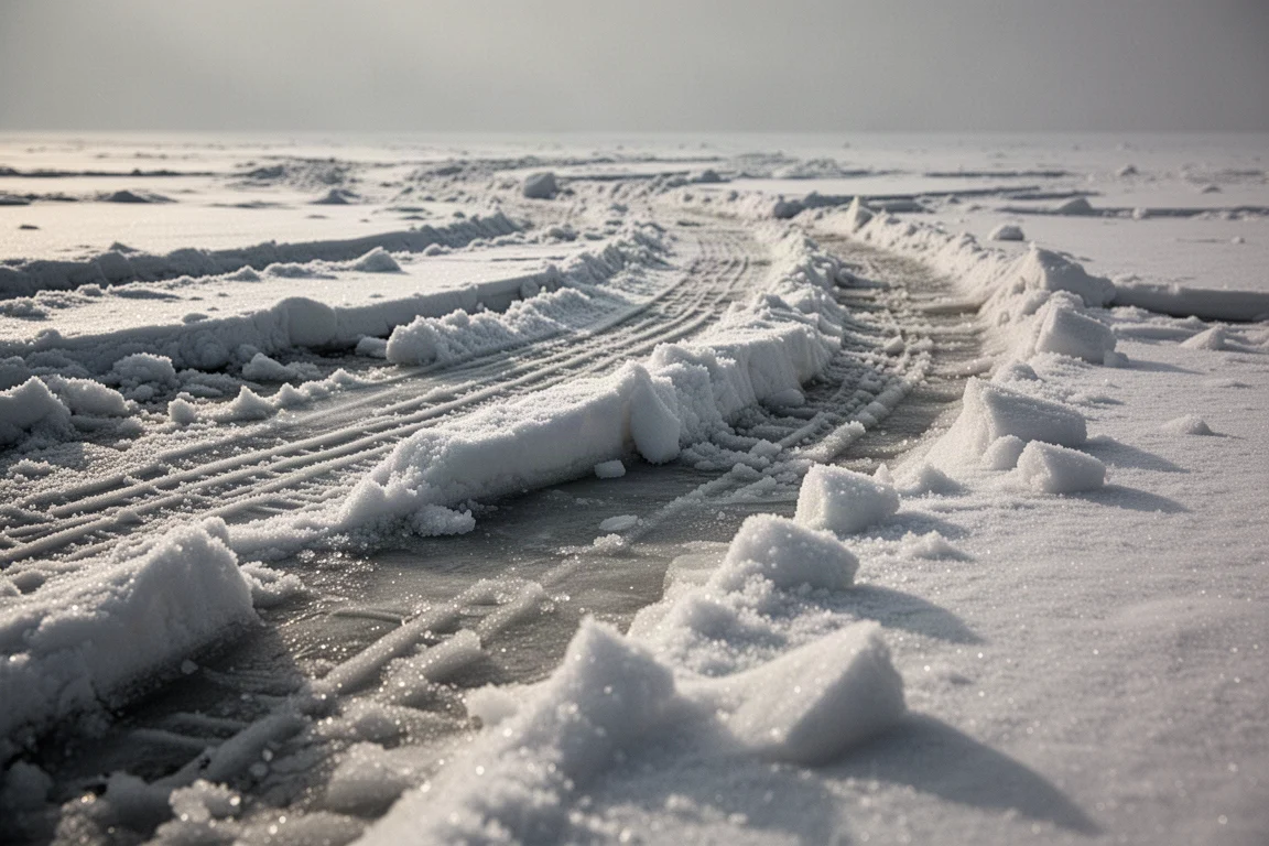 Rutted and chopped-up late-season snow surface with tracked lines