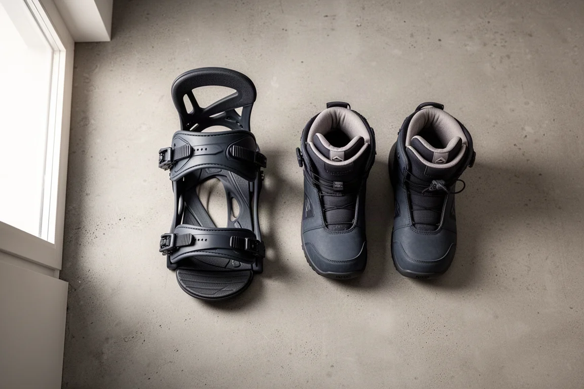 Overhead flat lay of snowboard bindings and snowboard boots on a concrete surface