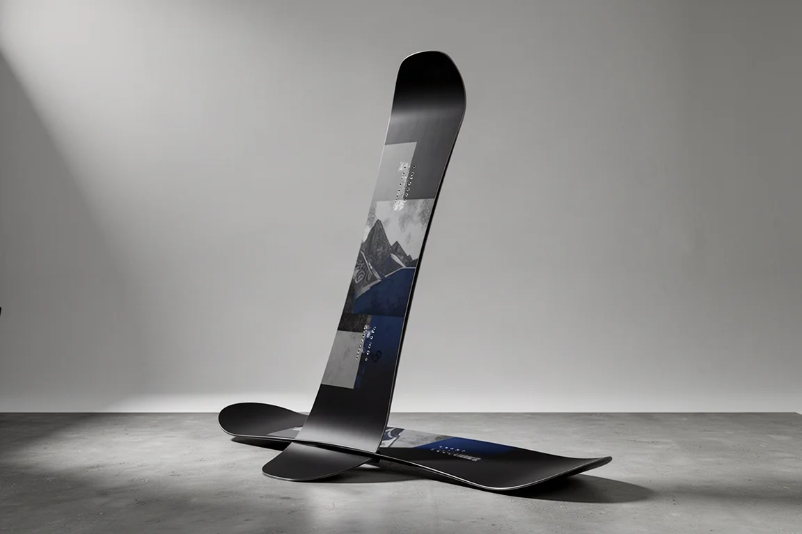 Soft-flexing twin-tip freestyle snowboard standing upright in a neutral studio setting