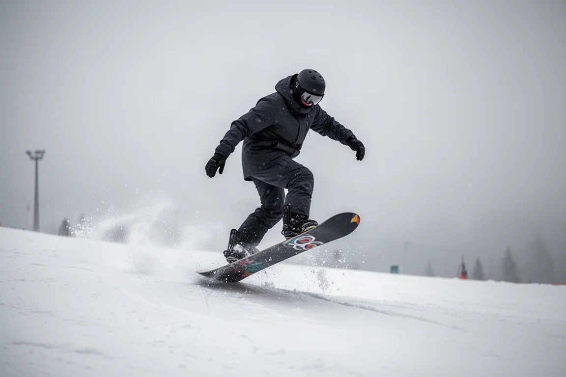 Snowboarder pressen die Boardnase auf einer präparierten Piste