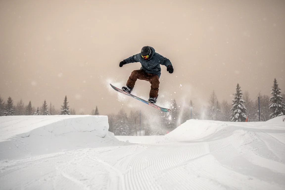 Snowboarder springt von einem kleinen Side-Hit auf einer Piste ab